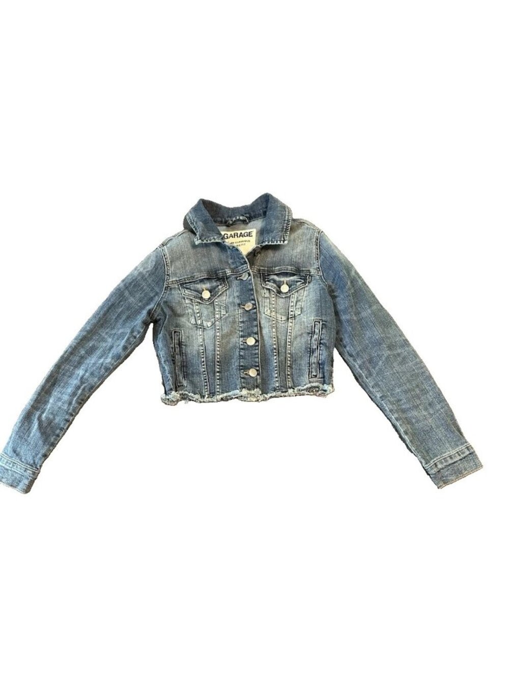 Garage Womens Cropped Denim Jean Jacket S Distressed Raw Hem Trucker Festival